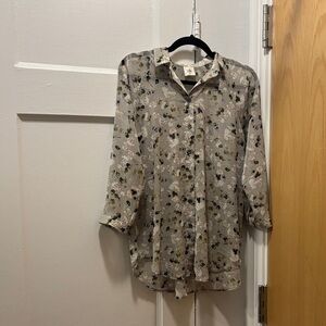 CAbi Floral Print Blouse in Gray and Yellow